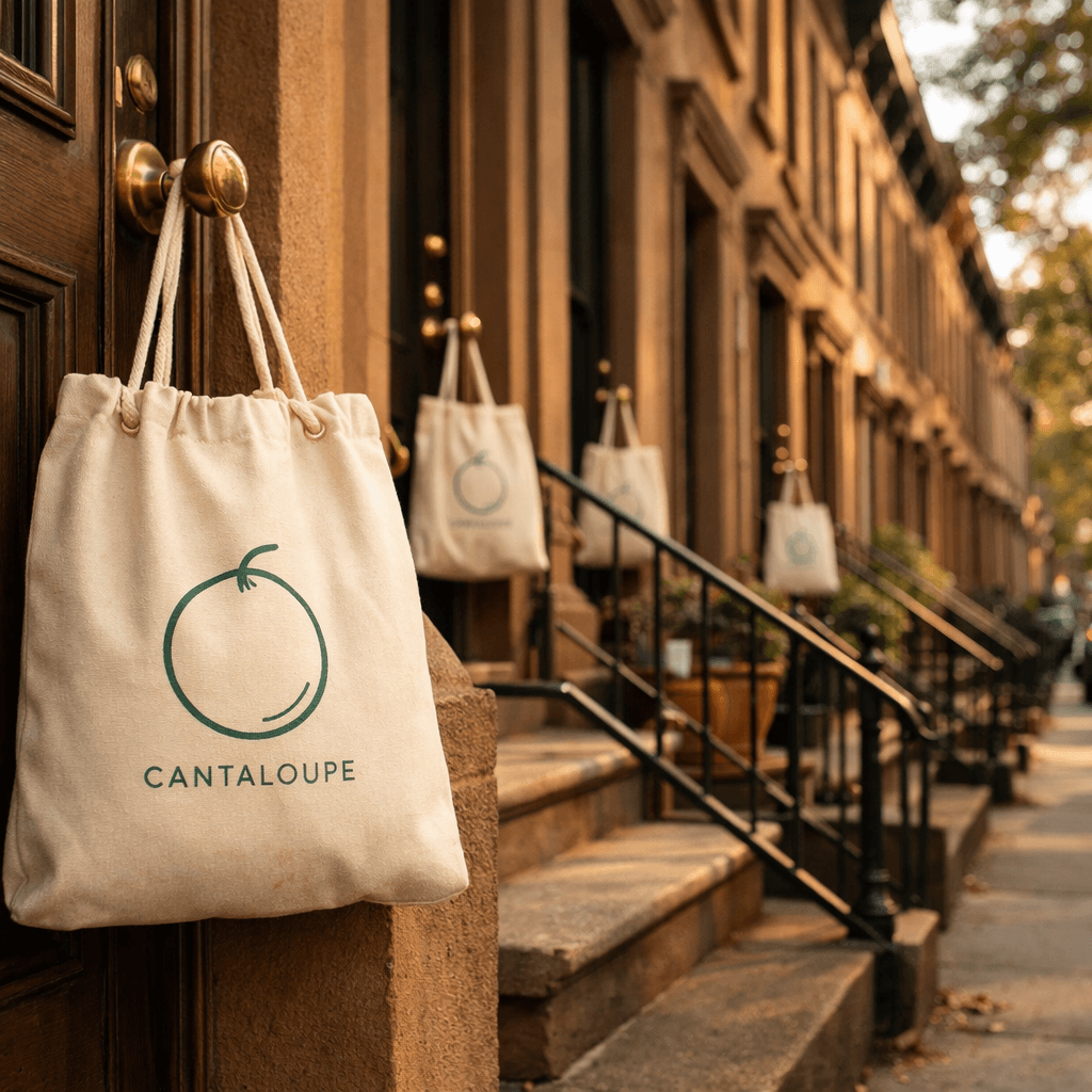 NYC brownstone buildings with Cantaloupe delivery totes on stoops